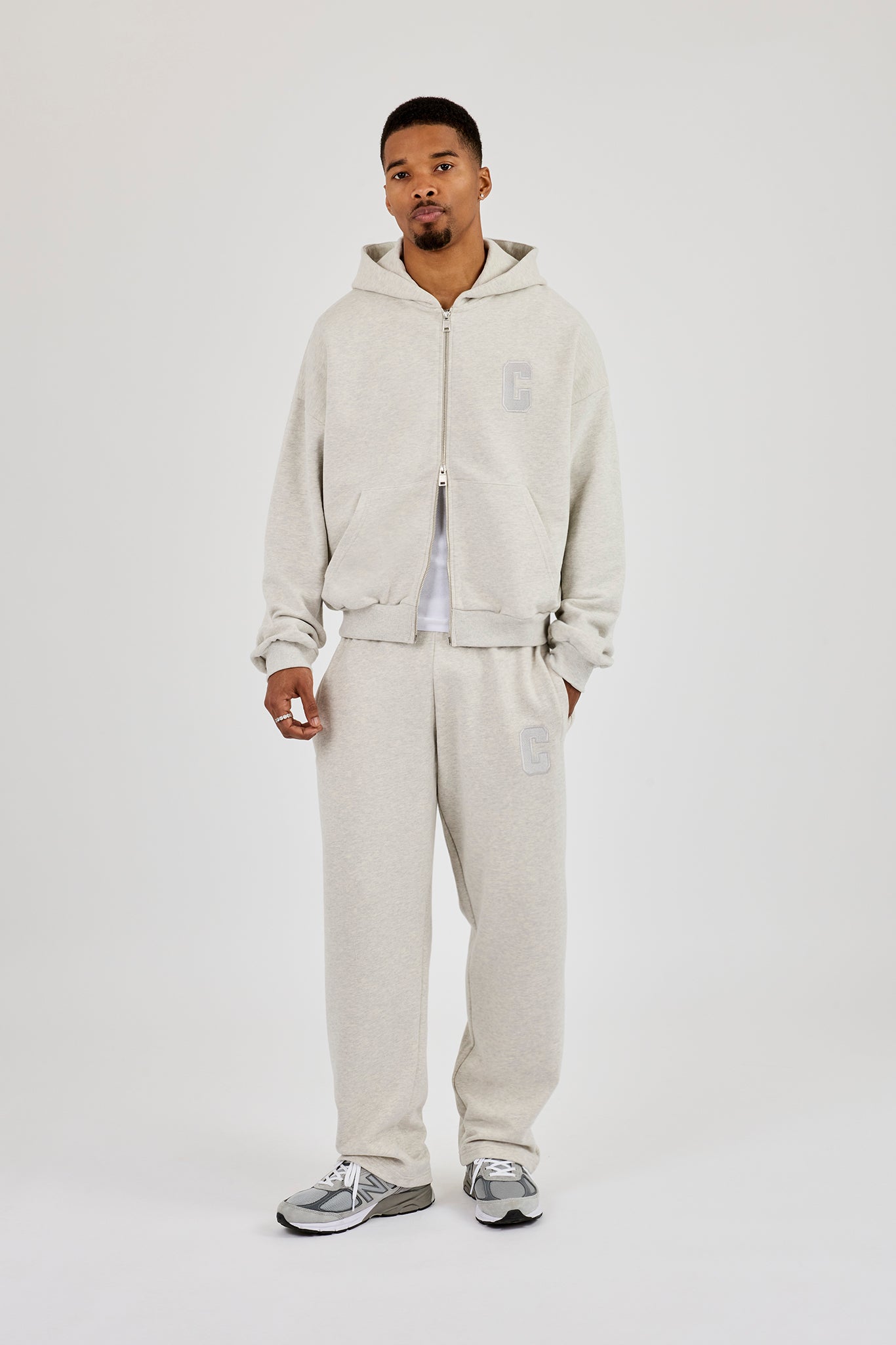 Embroidered C Boxy Zip Through Hoodie - Ash Grey